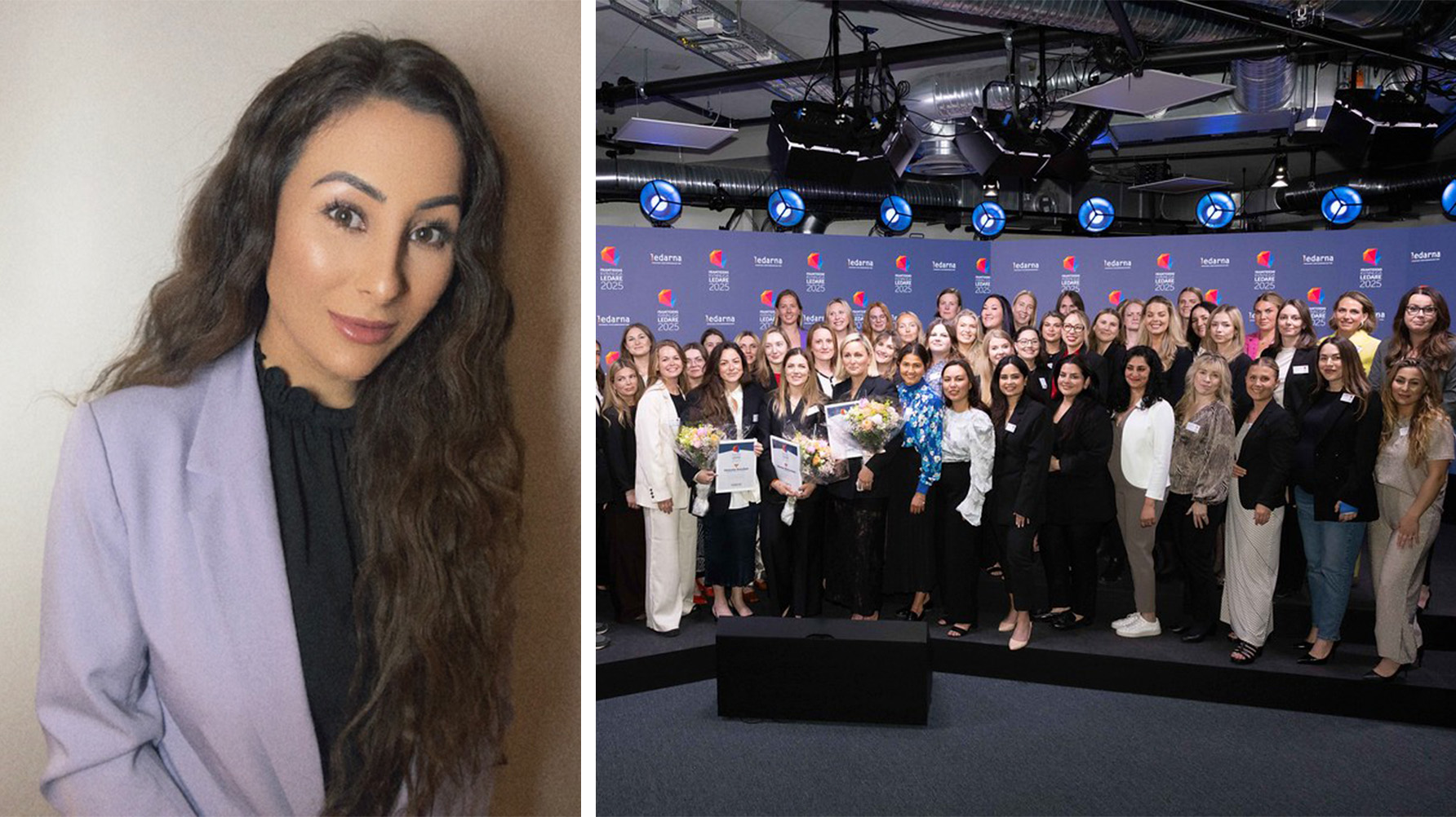 Daria Ramzi, skolledare i Jönköping, har placerat sig på listan över Sveriges framtida kvinnliga ledare. Till vänster: De kvinnliga ledarna som tagit sig in på Ledarnas makthavarlista, Daria Ramzi längst ner till höger. Foto: Privat/Pernilla Pettersson/Ledarna