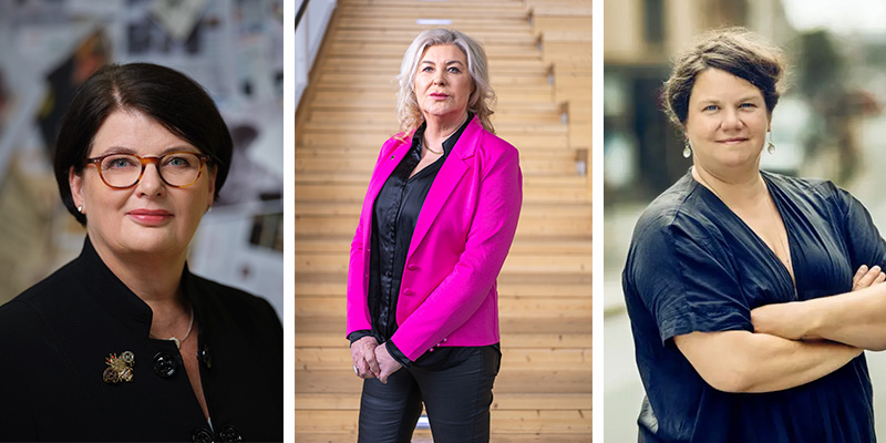 Heike Erkers, ordförande Akademikerförbundet SSR, Ann-Charlotte Gavelin Rydman, Sveriges Skolledare, och Kristina Taylor, ordförande Sveriges Psykologförbund går samman i kritiken mot elevhälsoutredningen. Foto: Magnus Länje/Ola Westerberg/Fond & Fond 