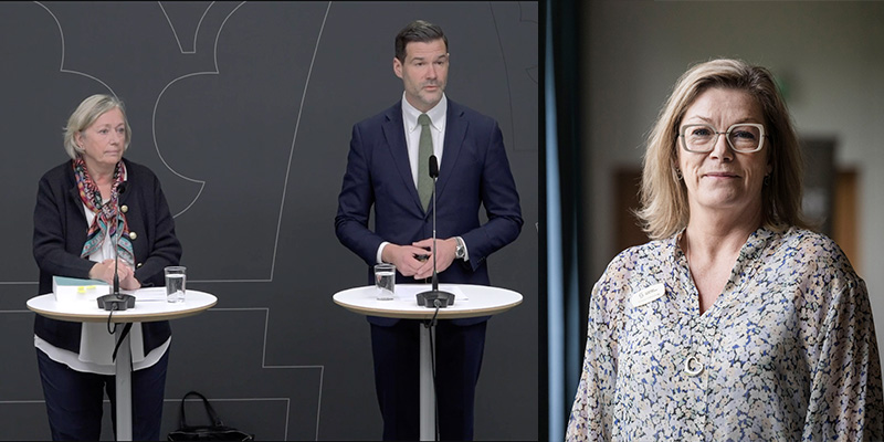 Utredare Anita Linder, migrationsminister Johan Forsell och Ellinor Häreskog, förste vice ordförande i Sveriges Skolledare. Foto: Skärmdump/Johanna Säll