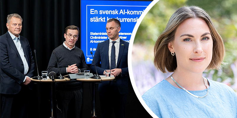 Bild från pressträff med Carl-Henric Svanberg, statsminister Ulf Kristersson (M) och Erik Slottner (KD), civilminister vid presentationen av AI-kommissionen förra året. Infälld: Linnéa Plöen Casterud, Sveriges Skolledare. Foto: Ninni Andersson/Regeringskansliet/Terri Lindholm  