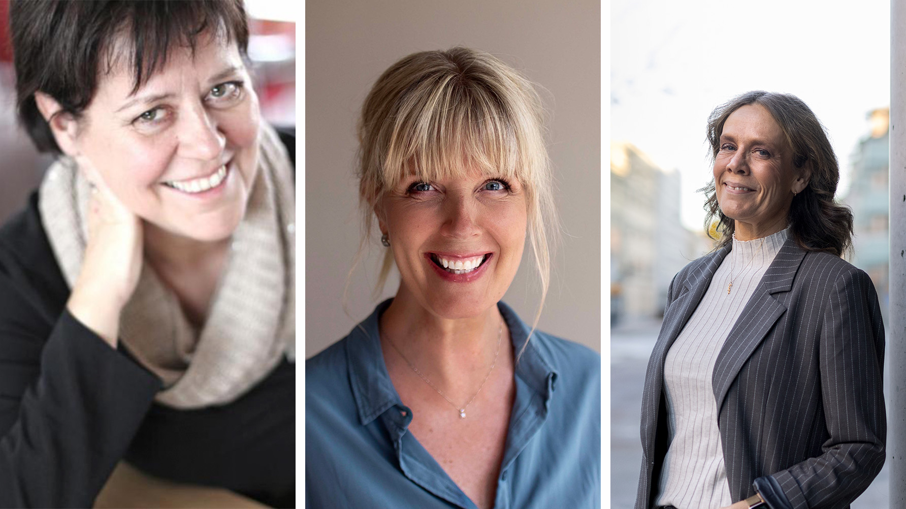 Lill Langelotz (mitten) och forskarkollegorna Anette Forssten Seiser (t.v) och Åsa Hirsch (t.h) hoppas kunna komma fram till slutsatser kring skolledares emotionsarbete, som på sikt leder till att fler vill stanna kvar i yrket. Foto: Karlstads universitet/Privat/Johannes Äng