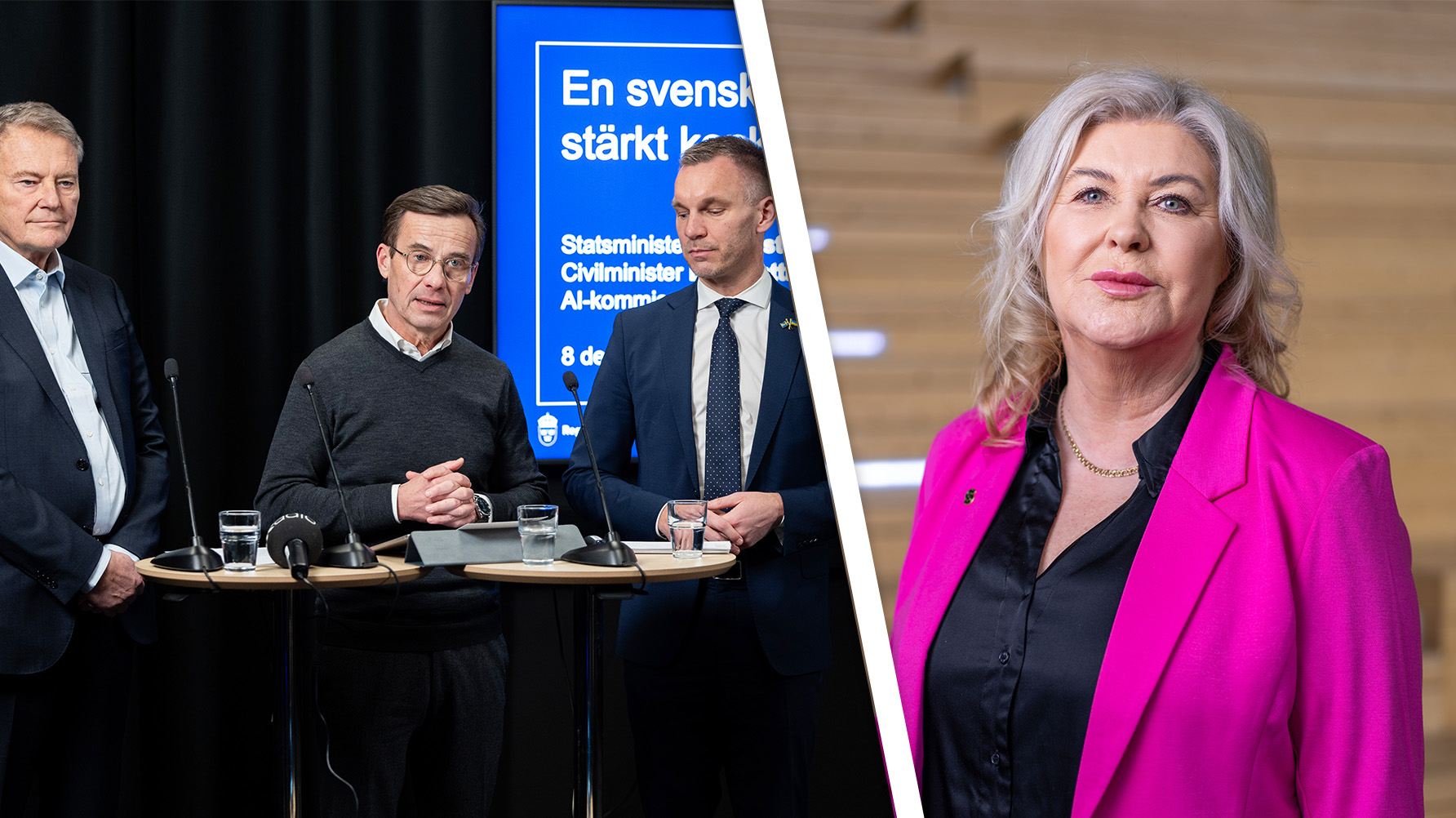 Ann-Charlotte Gavelin Rydman menar att det krävs en likvärdig vägledning kring AI för skolhuvudmän, och uppmanar därför regeringen att inkludera skolan i Sveriges AI-strategi. Till vänster utredare Carl-Henric Svanberg, statsminister Ulf Kristersson (M) och civilminister Erik Slottner (KD). Foto: Ninni Andersson/regeringskansliet/Ola Westerberg