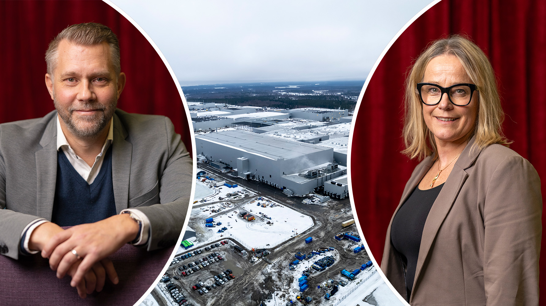 Henrik Bolin, grundskolechef Skellefteå, och Linda Holmqvist, rektor Kågeskolan. I mitten Northvoltfabriken. Foto: Ola Westerberg