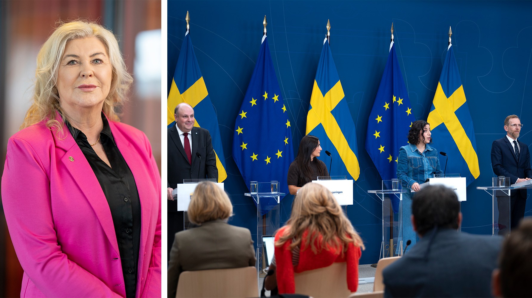 Ann-Charlotte Gavelin Rydman. Patrick Reslow, skolpolitisk talesperson för Sverigedemokraterna, kulturminister Parisa Liljestrand (M), utbildnings- och integrationsminister Simona Mohamsson (L) och socialminister Jakob Forssmed (KD). Foto: Ola Westerberg, Myelie Lendelund
