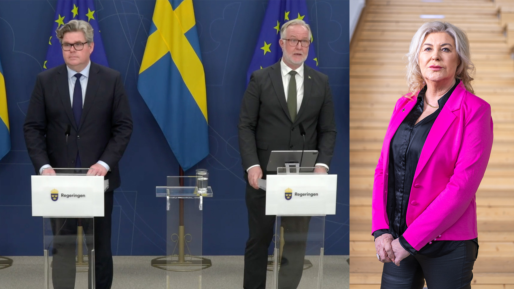 Johan Pehrson (L) och justitieminister Gunnar Strömmer (M) under dagens pressträff. Infälld: Ann-Charlotte Gavelin Rydman, förbundsordförande för Sveriges Skolledare. Foto: Skärmdump regeringen.se/Ola Westerberg