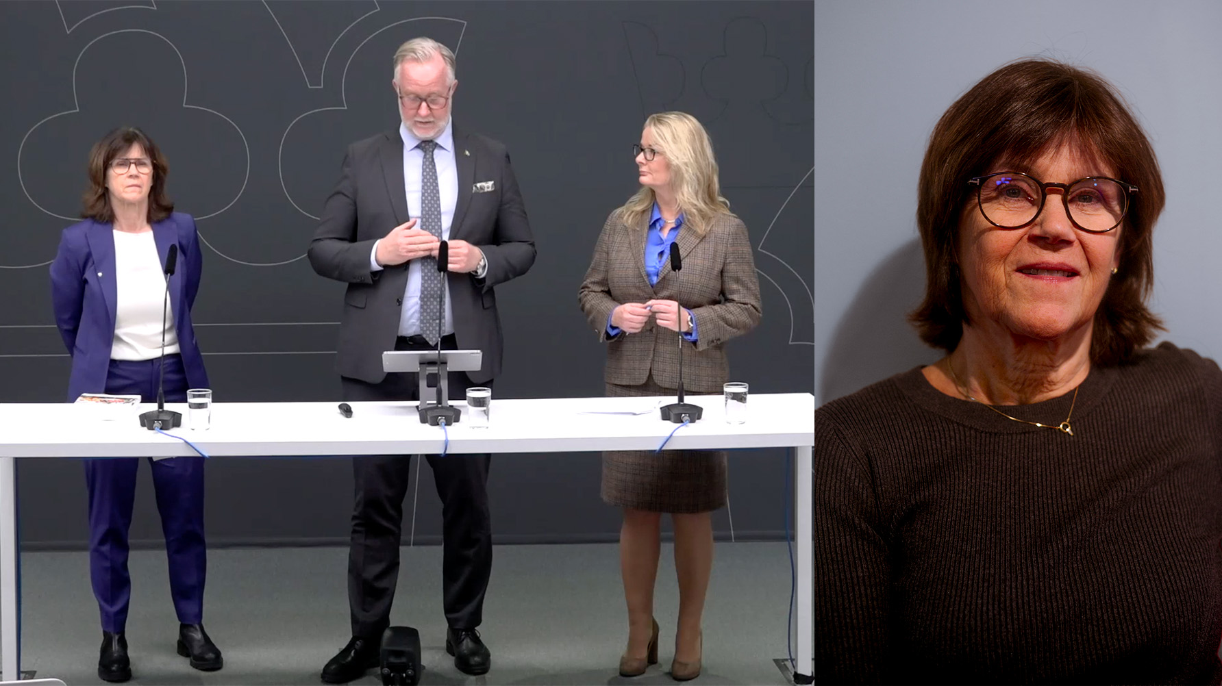 På onsdagen presenterade utredaren Happy Hilmarsdottir Arenvall utredningen om skärpt trygghet och studiero för ministrarna Johan Pehrson (L) och Lotta Edholm (L). Foto: Skärmbild/Jeffrey McIntosh