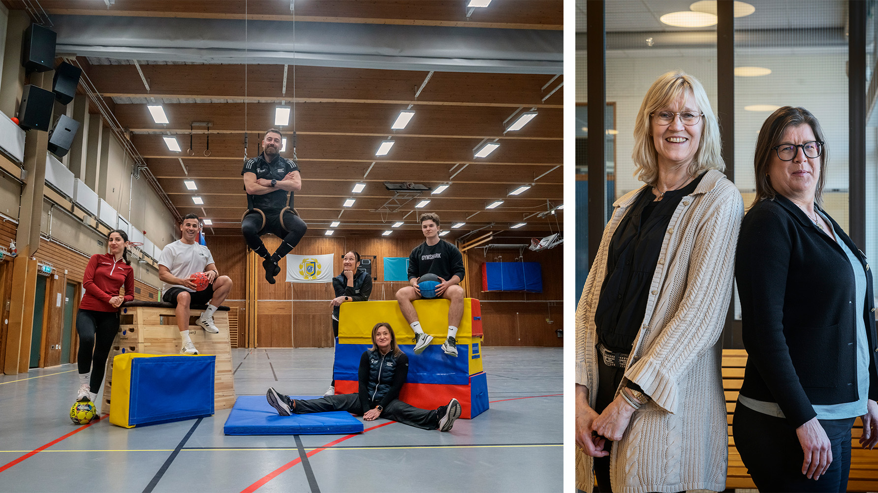 idrottslärarna Kristina Al Rahil, Ali Salahaddin-Bazaz, Zana Salahaddin-Bazaz, och Annika Eklund tillsammans med VFU Caspar Niemiec och skolutvecklaren Izabela Seger. Till höger: biträdande rektor Maria Prytz och rektor Catherine Kellström. Foto: Sophie Lagerholm