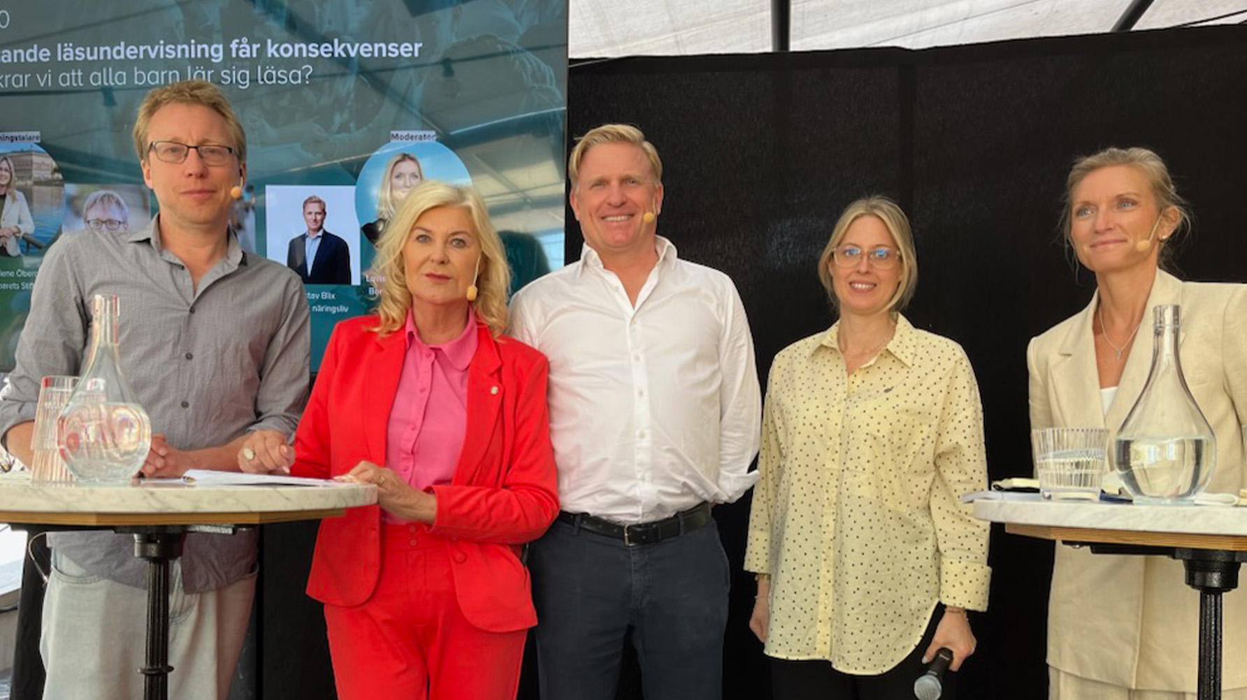 Björn Kindenberg, kommunlektor och doktorand i språkdidaktik Stockholm stad, Ann-Charlotte Gavelin Rydman, förbundsordförande Sveriges Skolledare, Helene Öberg, generalsekreterare Prinsparets stiftelse, Gustav Blix, policyexpert kompetensförsörjning Svenskt Näringsliv, Lovisa Fhager Logothetis, moderator, Bonniers familjestiftelse. Foto: Lenita Jällhage
