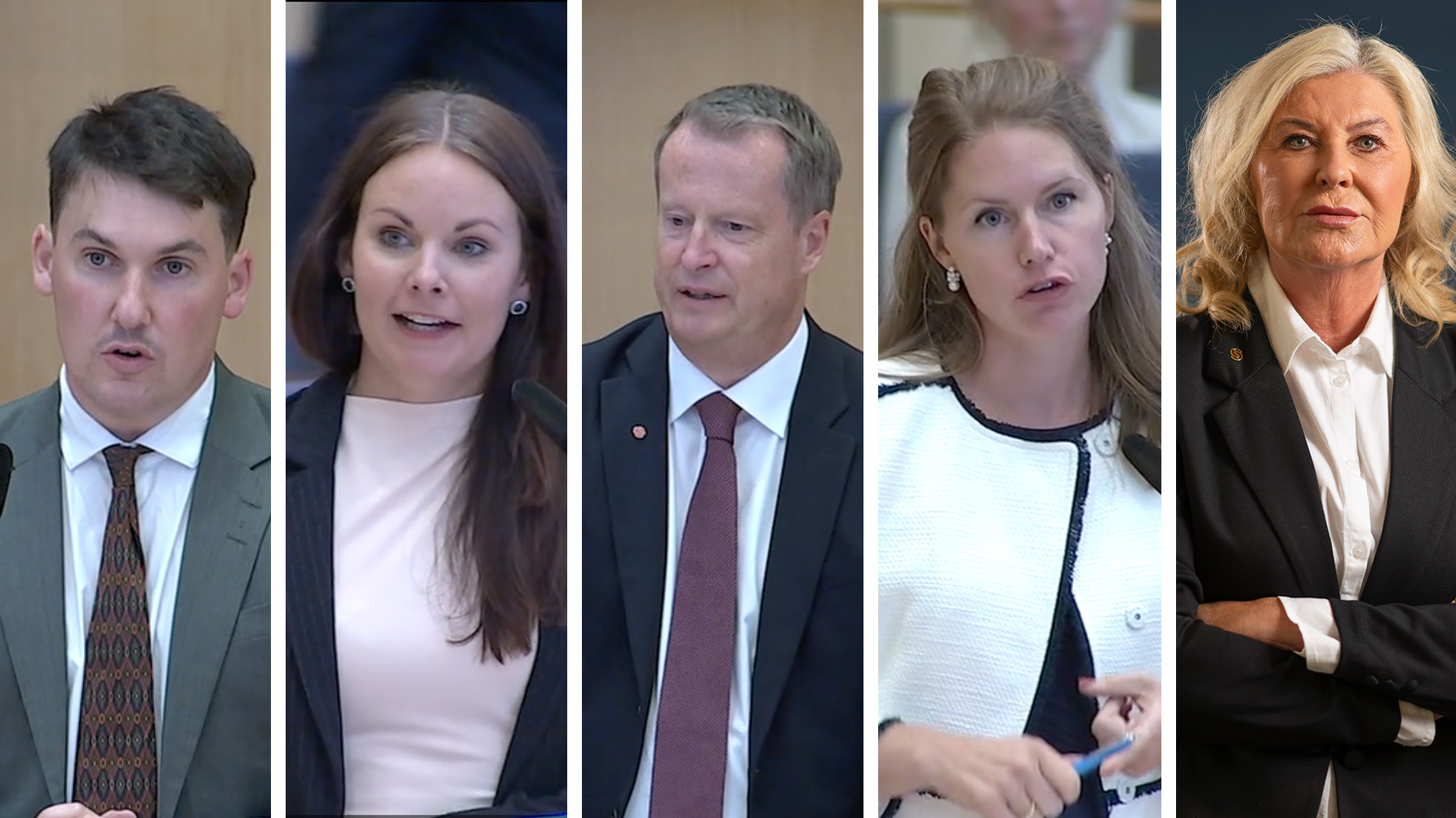 Några av debattens talare: Joar Forssell (L), Isabell Mixter (V), Anders Ygeman (S) och Josefin Malmqvist (M). Längst till höger: Ann-Charlotte Gavelin Rydman, förbundsordförande Sveriges Skolledare. Foto: Riksdagen.se/Ola Westerberg