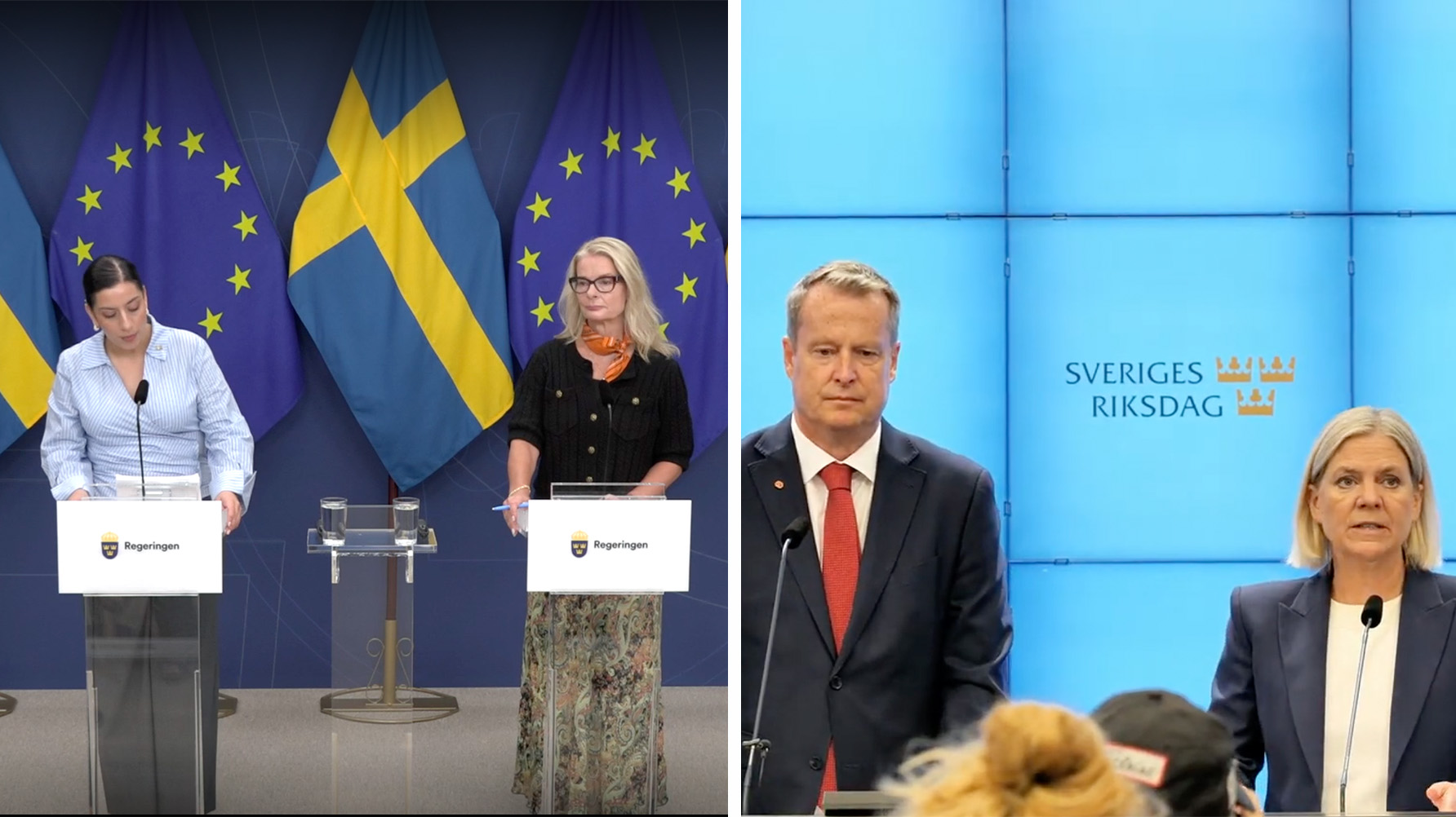 Simona Mohamsson (L), Lotta Edholm (L), Magdalena Andersson (S) och Anders Ygeman (S) kallade alla till presskonferens efter de historiskt låga Pisaresultaten. Foto: Skärmbild regeringen.se/Socialdemokraternas Youtube 